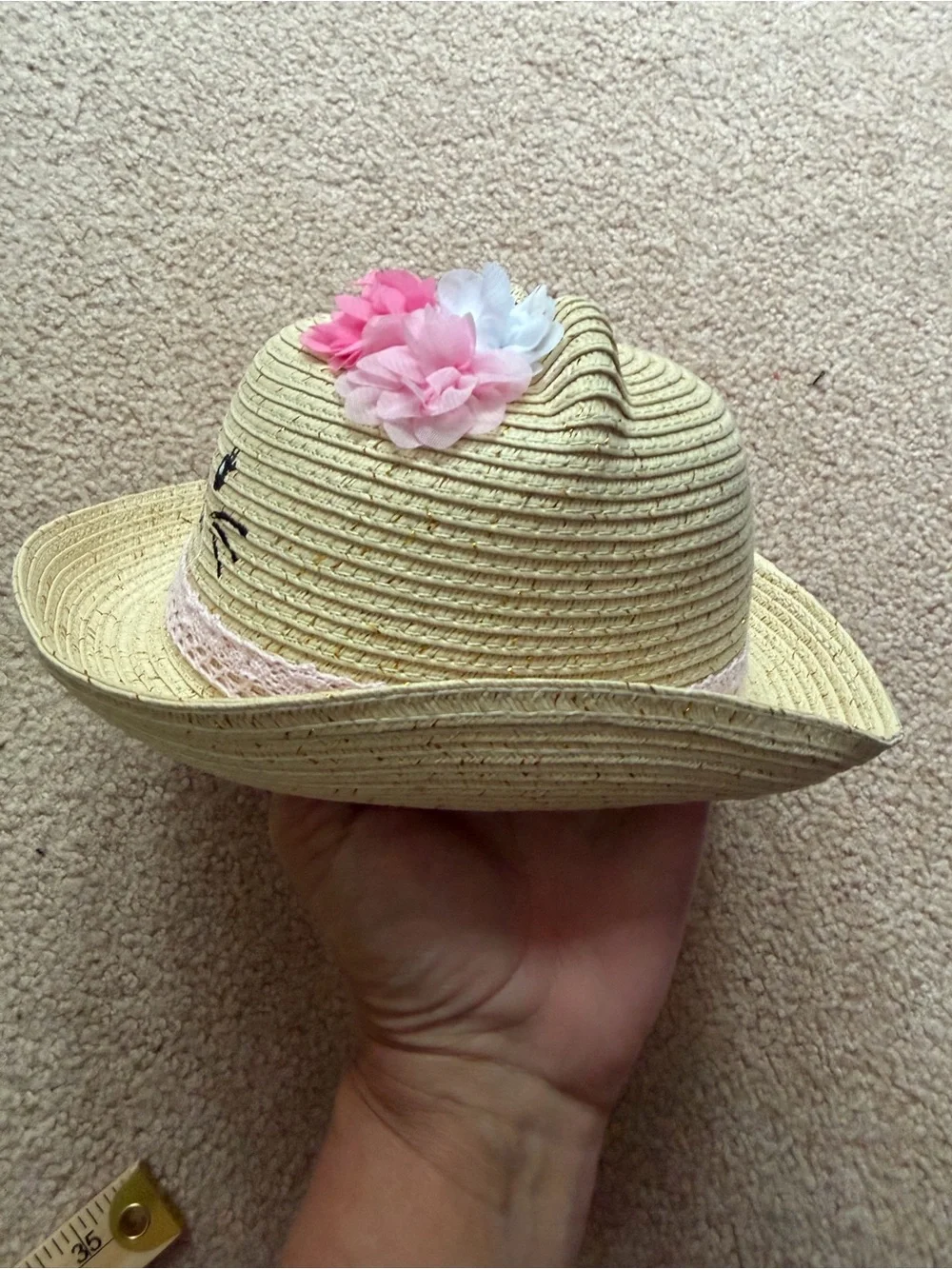 The Children’s Place Baby Girls Cat Straw Sun Hat Floral 12-18M NWT Natural Pink
